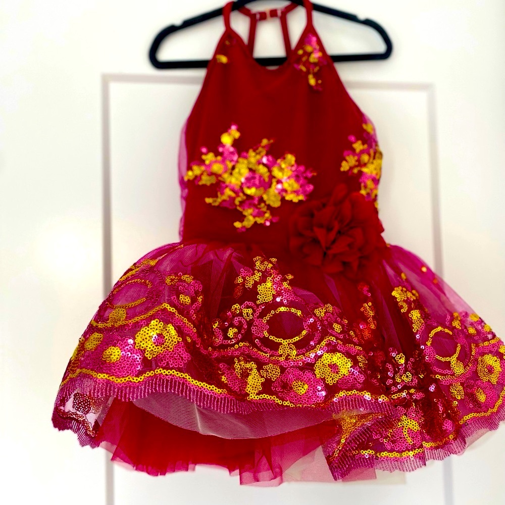 Revolution Girls' Red and Gold Sequin Formal ballet tutu dress